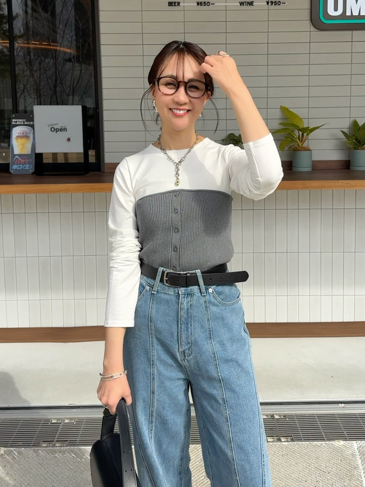 [新作300円OFF] リブニットビスチェドッキングTシャツ / オフホワイト×グレー