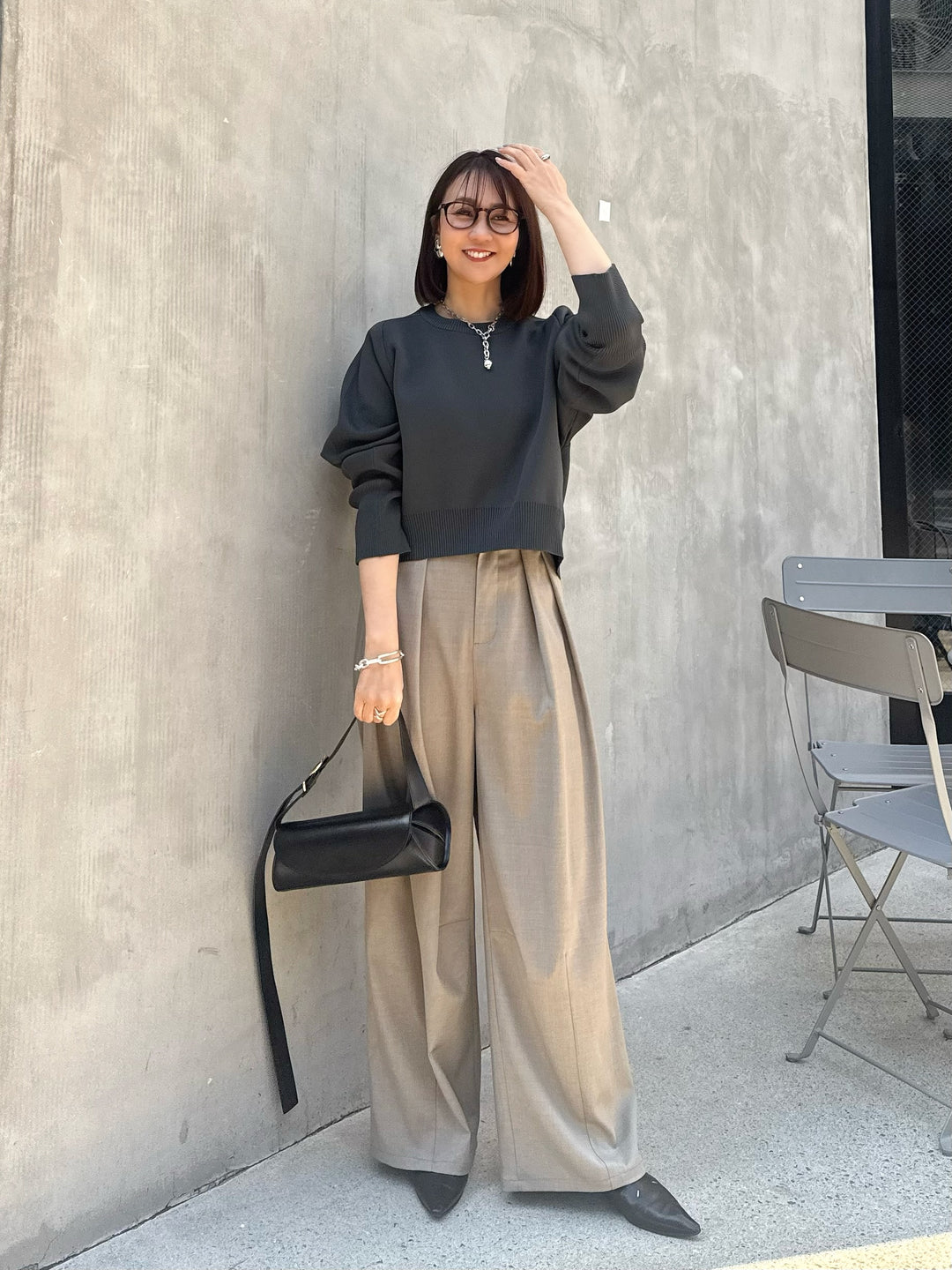 【予約】[SET] クロップド丈ダンボールニット /チャコール + ウエストパイピングワイドパンツ / グレージュ(4月上旬発送予定)