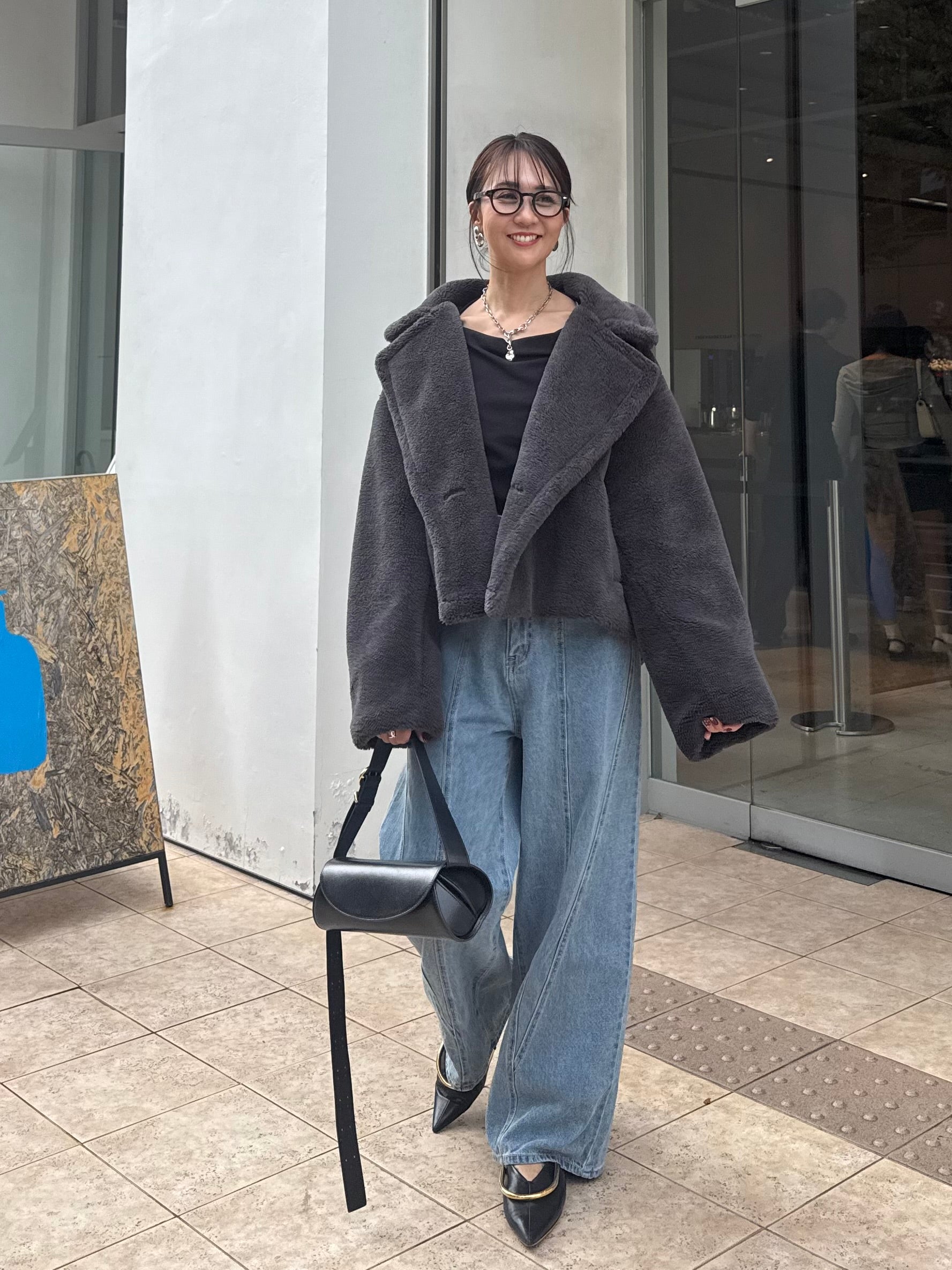 予約】[SET]ボアショートコート / チャコールグレー + 切替え