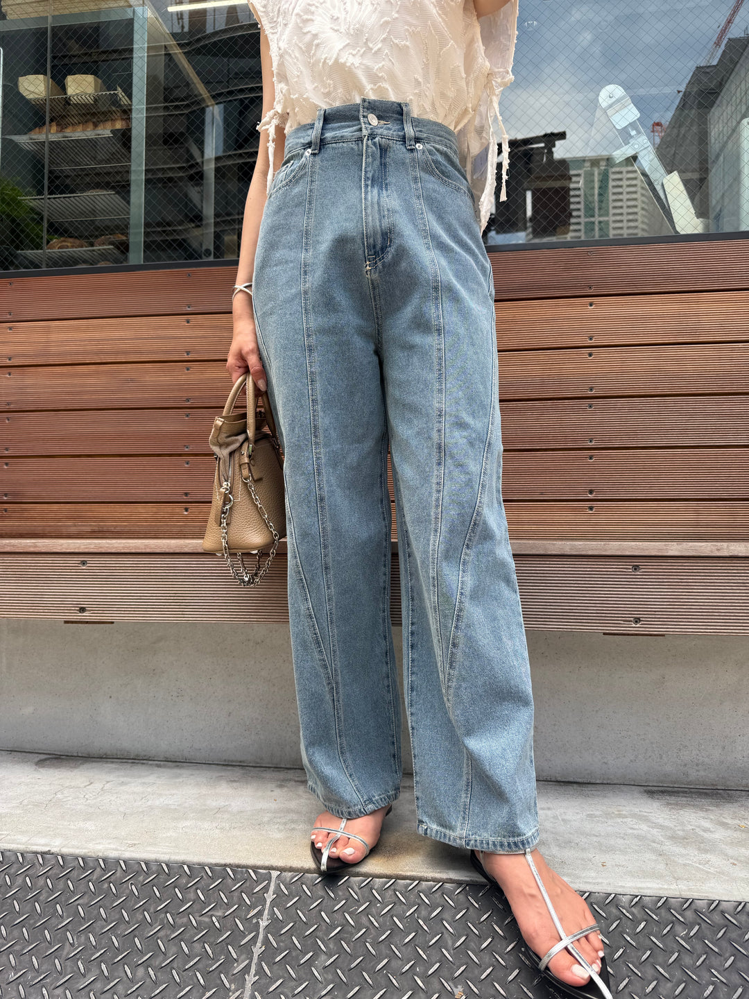 切替えストレートデニムパンツ / ブルー