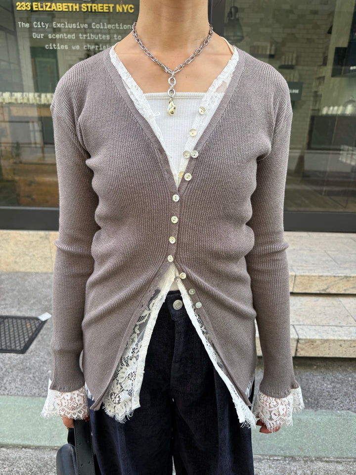 [新作300円OFF] レースVネックカーディガン / チャコール
