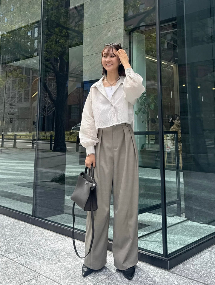 【予約】[SET] シアーストライプショート丈シャツ  / ライトグレー + ウエストパイピングワイドパンツ / グレージュ(4月上旬発送予定)