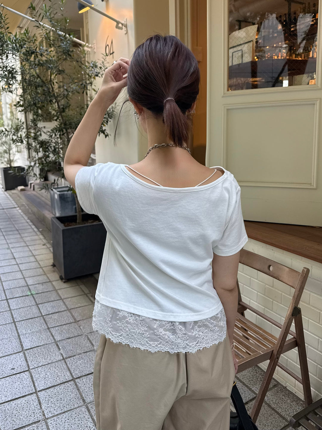 [新作300円OFF] レースレイヤードドレープTシャツ / オフホワイト